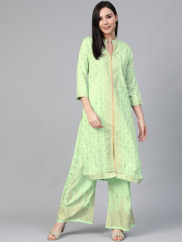 Women Green & Golden Block Print Kurta with Palazzos