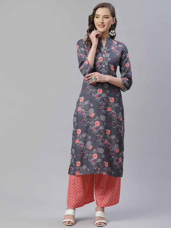 Jashvi Women Charcoal Grey & Pink Floral Printed Kurta with Palazzos