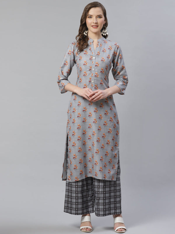 Jashvi Women Grey & Beige Floral Printed Kurta with Palazzos