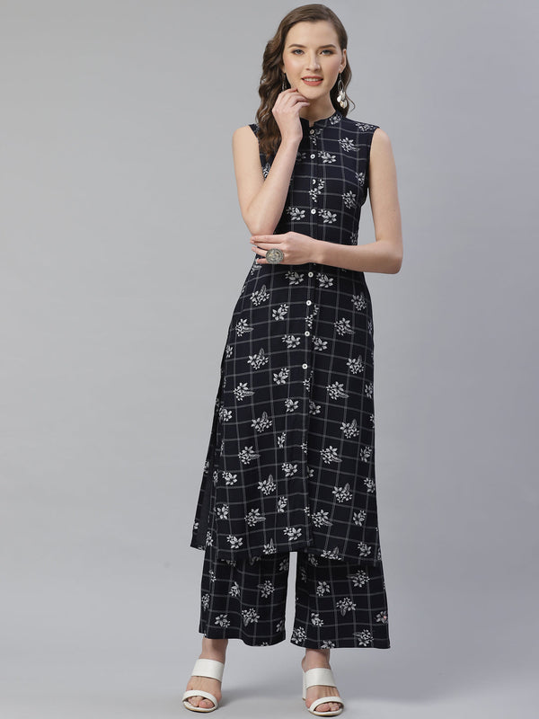 Jashvi Women Black & White Floral Printed Kurta with Palazzos