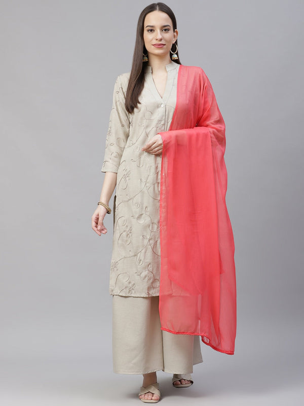 Women Grey & Pink Floral Embroidered Regular Kurta with Palazzos & Dupatta