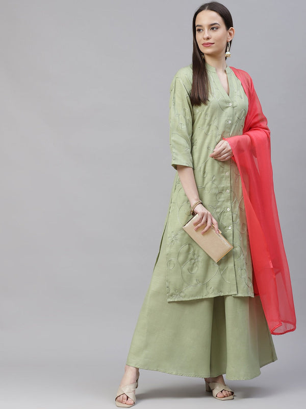 Women Lime Green & Pink Floral Embroidered Kurta with Palazzos & Dupatta