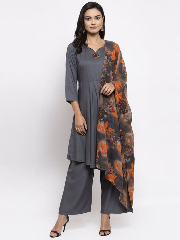 Jashvi Women Grey Solid Kurta with Palazzos & Gorgette Orange Printed Dupatta