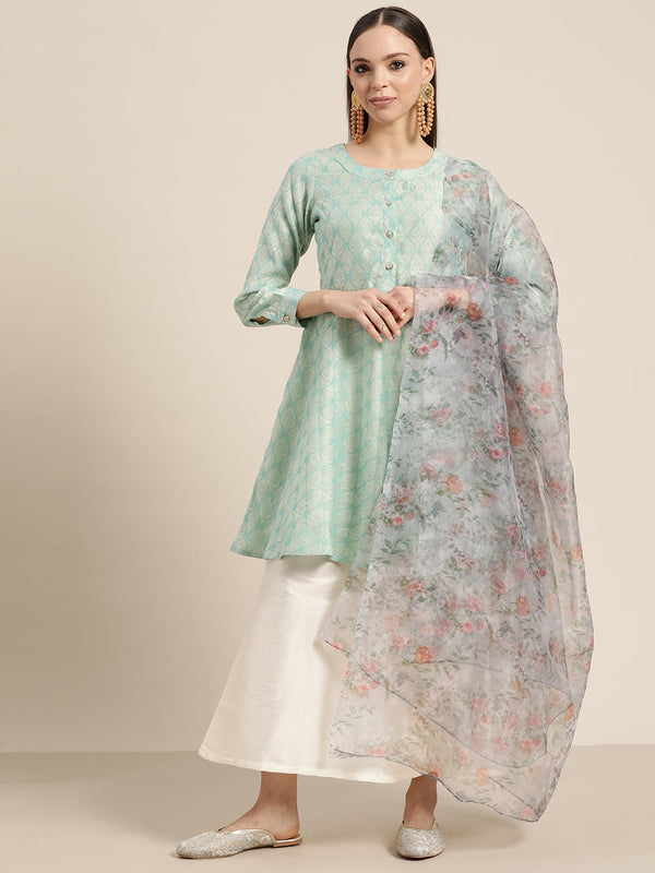 Women Floral Pleated Dupion Silk Jacquard Kurta with Palazzos & Dupatta