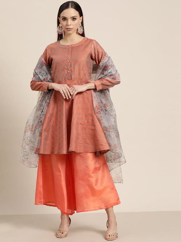 Women Floral Pleated Dupion Silk Jacquard Kurta with Palazzos & Dupatta