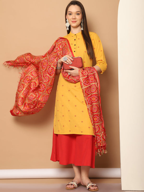 Women Woven Design Kurta with Palazzos & With Dupatta