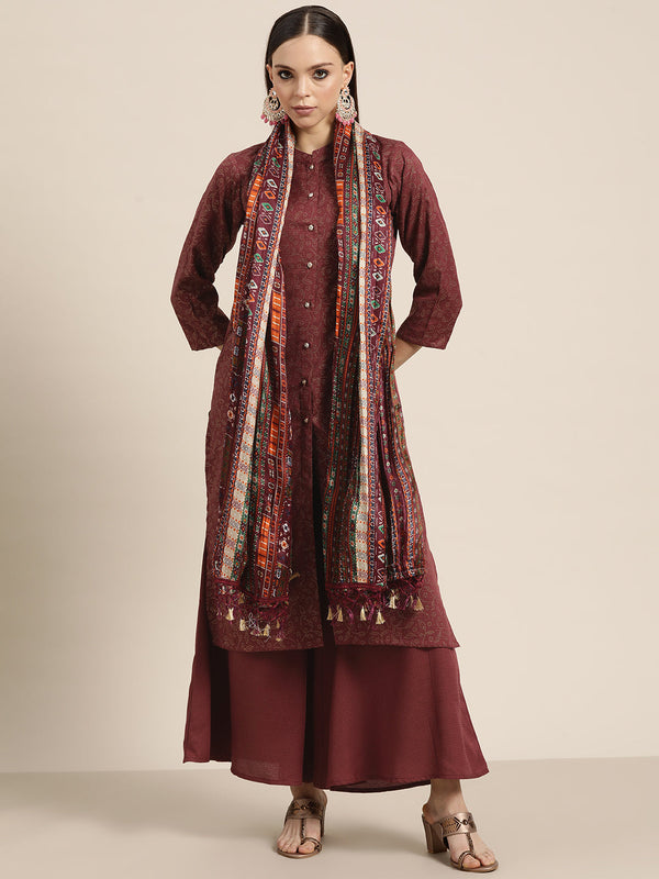 Women Maroon Floral Embroidered Mukaish Kurta with Palazzos & Dupatta