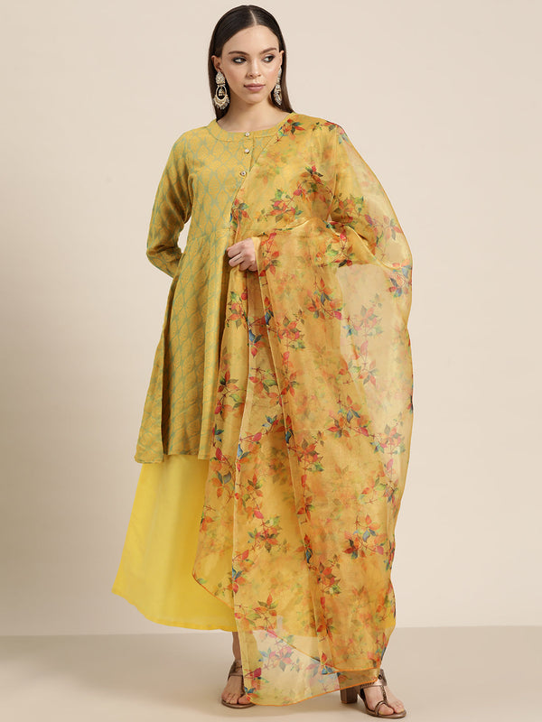 Women Floral Pleated Dupion Silk Jacquard Kurta with Palazzos & Dupatta