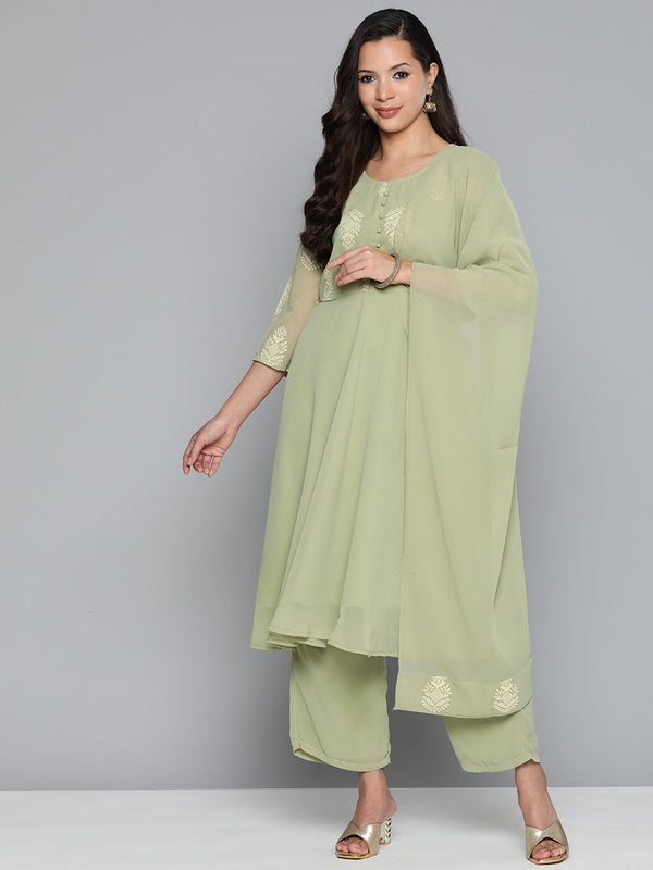 Ethnic Motifs Green Printed Georgette Kurta with Palazzos & With Dupatta