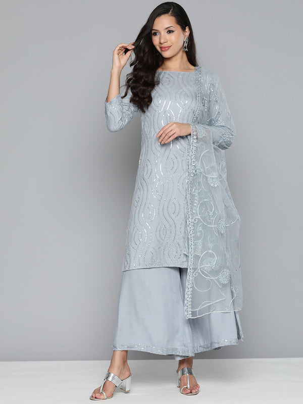 Leheriya Sequinned Kurta with Palazzos & With Dupatta