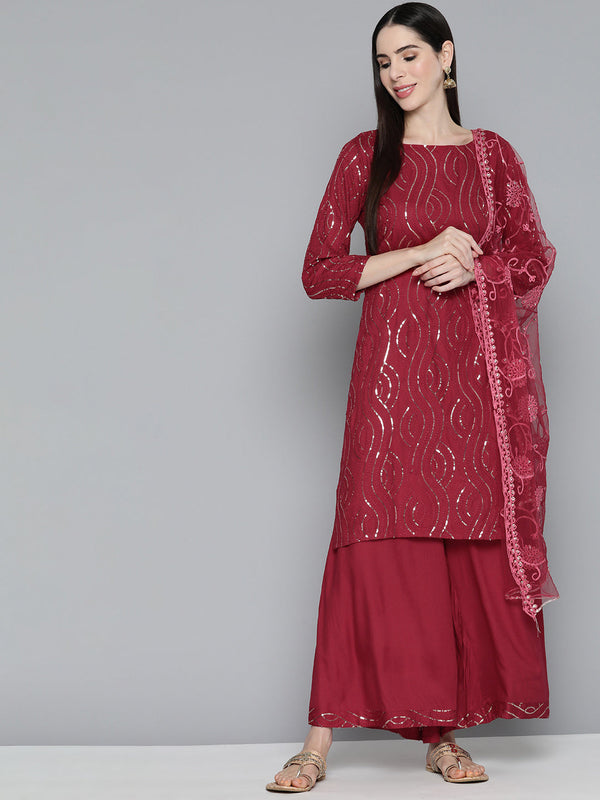 Maroon Leheriya Sequinned Kurta with Palazzos & With Dupatta