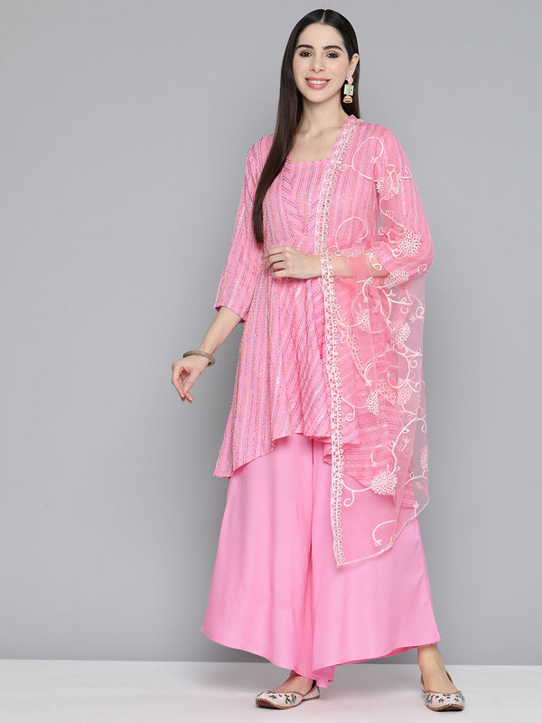 Pink Sequinned Kurta with Palazzos & With Dupatta