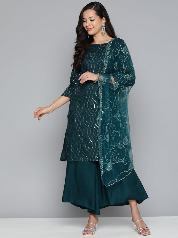 Teal Leheriya Sequinned Kurta with Palazzos & With Dupatta