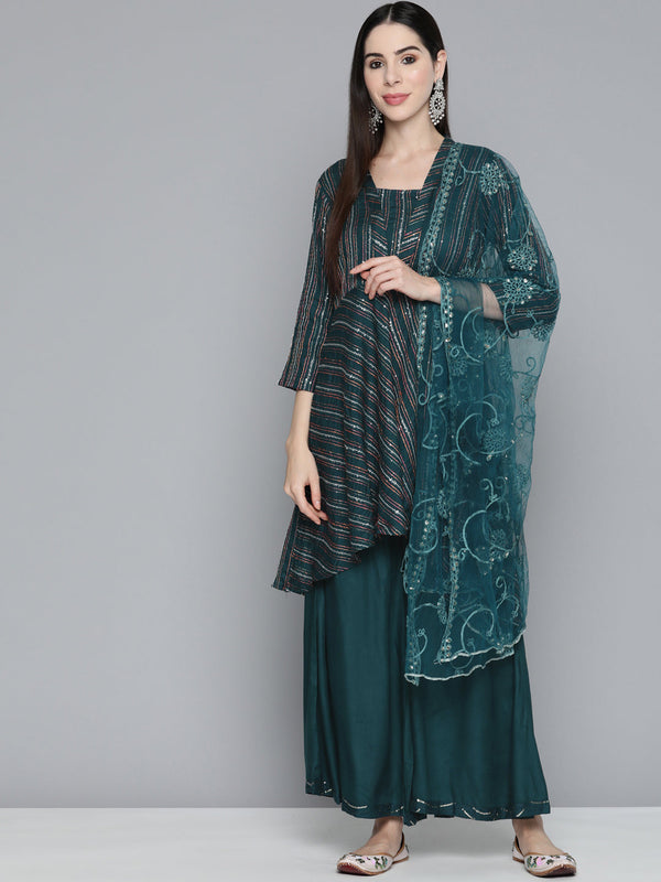 Teal Sequinned Kurta with Palazzos & With Dupatta