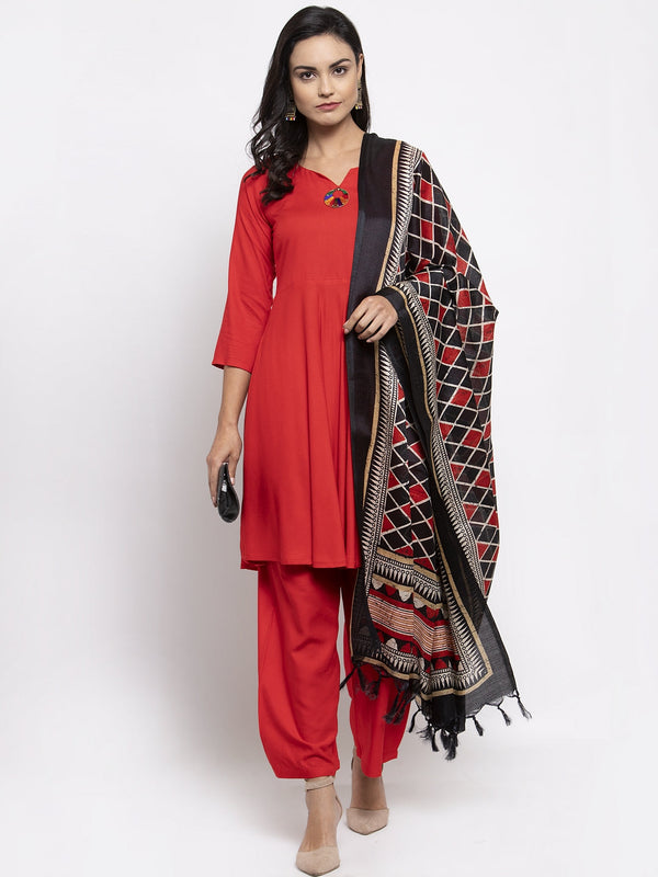 Jashvi Women Red Solid Kurta with Palazzos & Printed Dupatta