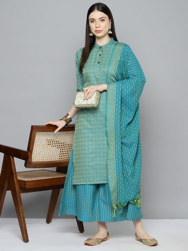 Woven design kurta, pallazos and dupatta set