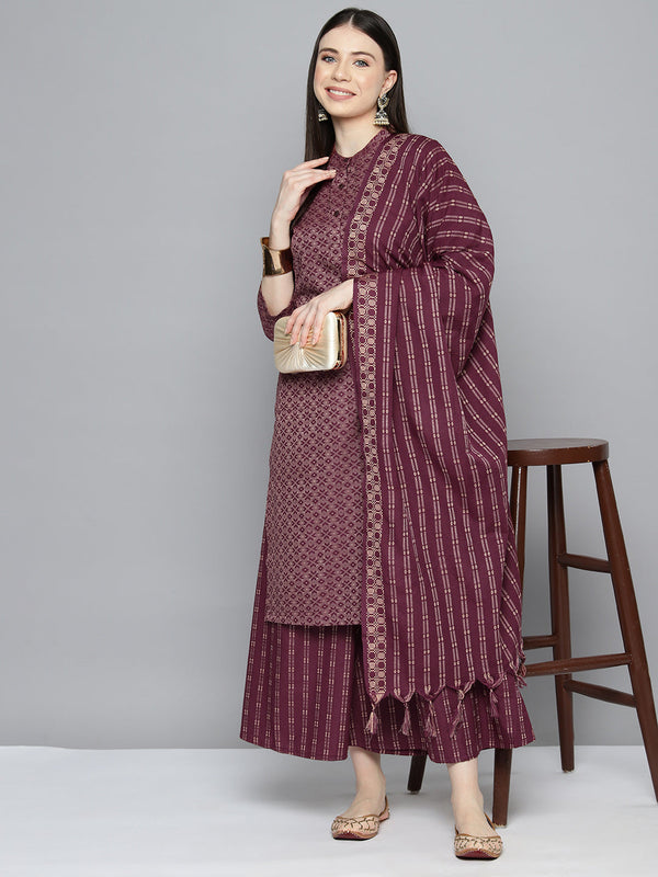 Woven design kurta, pallazos and dupatta set