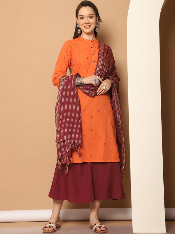 Women Woven Design Orange Kurta with Palazzos & With Dupatta