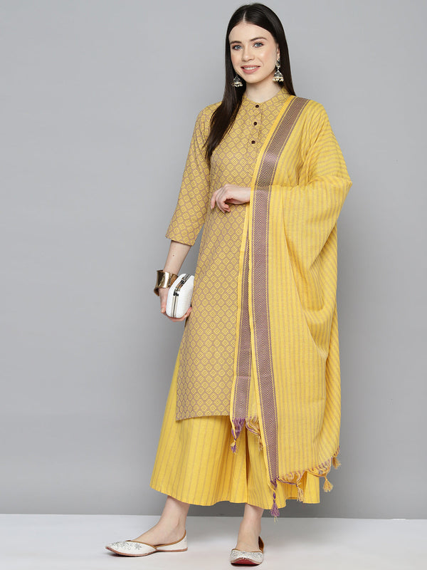 Woven design kurta, pallazos and dupatta set