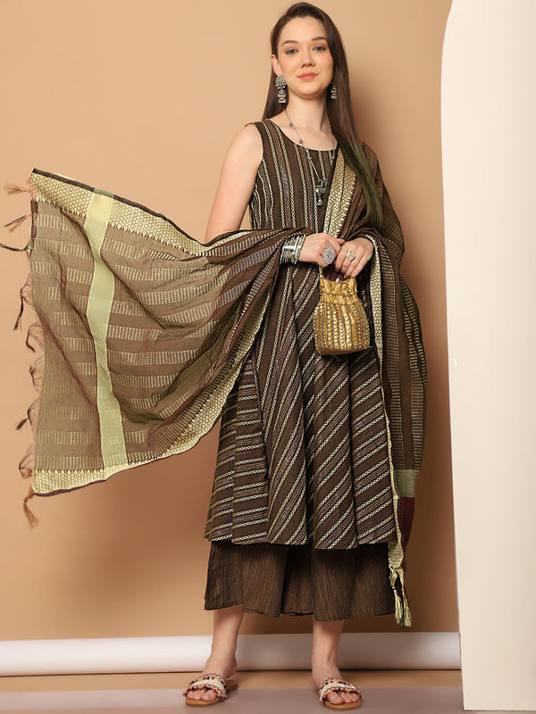 Woven Design flared kurta pallazos dupatta set