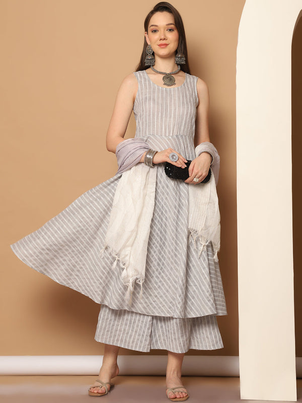 Women Grey Woven Design Flared Kurta with Palazzos & With Dupatta