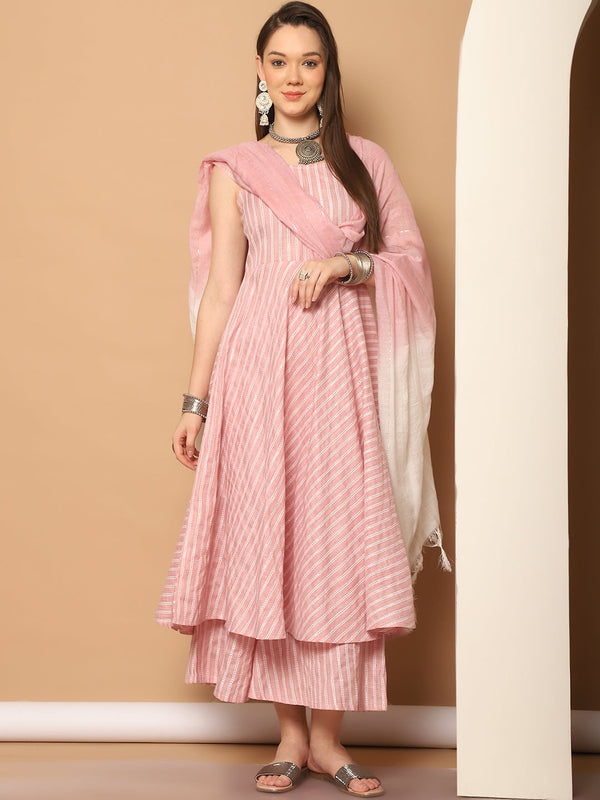 Women Pink Woven Design Flared Kurta with Palazzos & With Dupatta