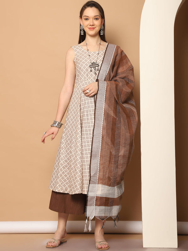 Women Brown Printed Kurta with Palazzos & With Kantha Work Dupatta