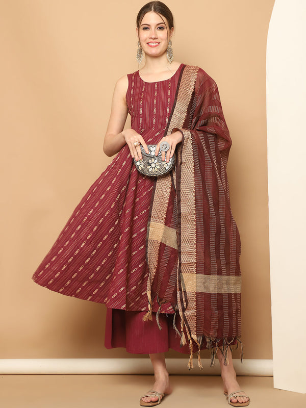 Maroon Woven Design Kantha Work Kurta with Palazzos & With Dupatta