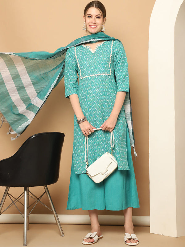 Printed green kurta with lace work, pallazos dupatta set