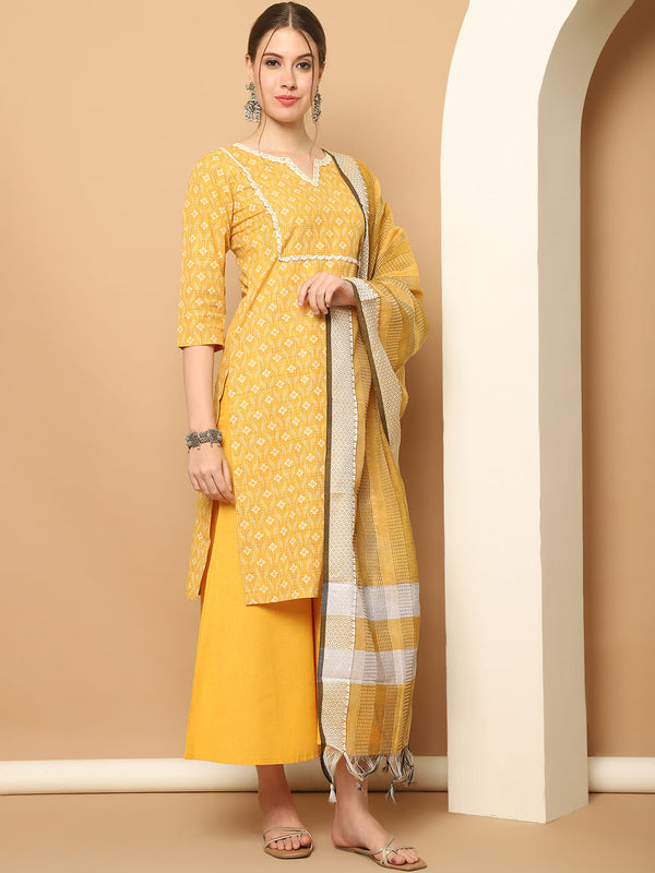 Printed yellow kurta with lace work, pallazos dupatta set