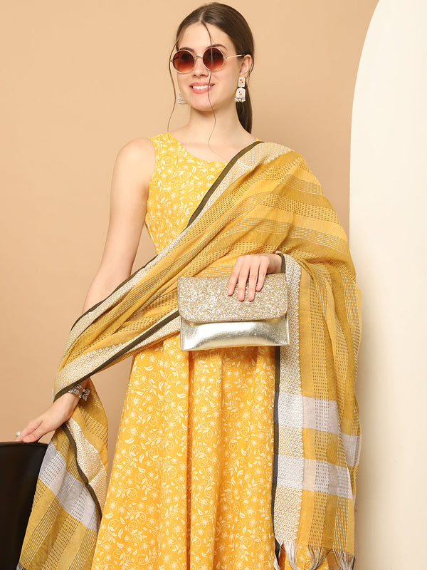 Printed yellow flared kurta pallazos dupatta set