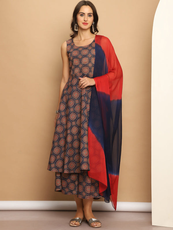 Printed flared kurta pallazos dupatta set