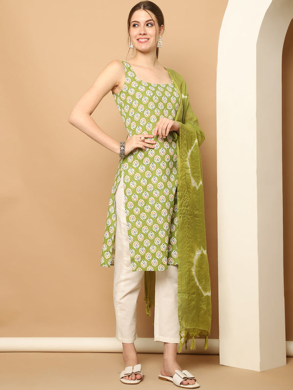 Green printedKurta with pallazos dupatta set