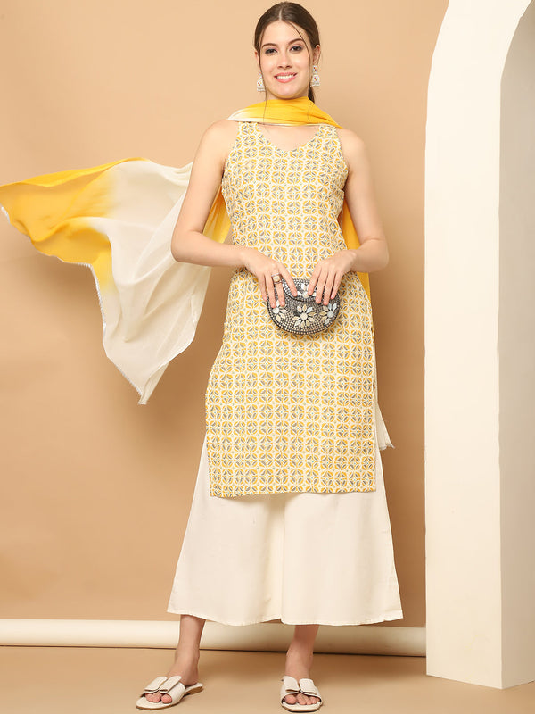 Printed Rayon Yellow Kurta with Palazzos & With Dupatta