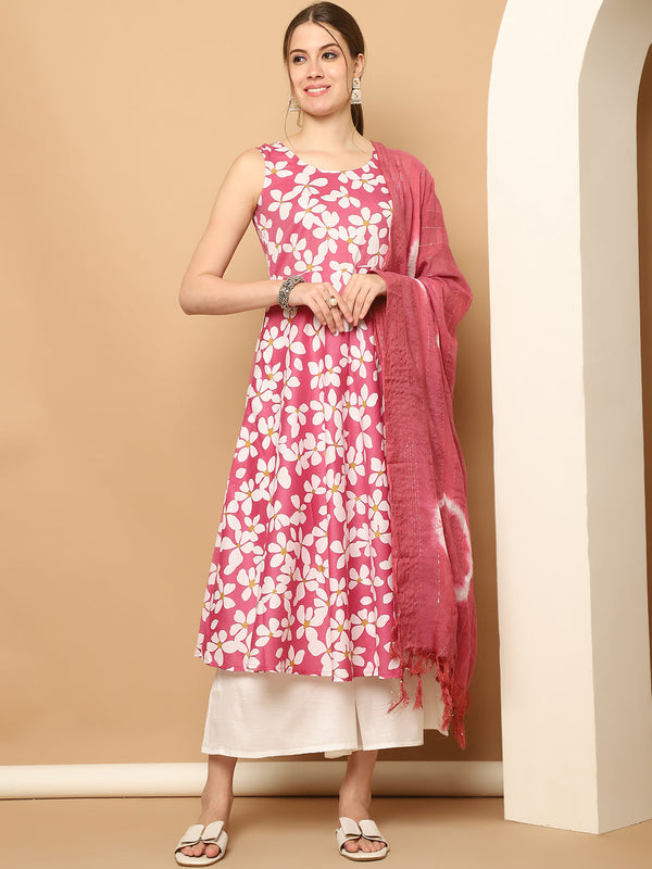 Printed pink flowers flared kurta pallazos dupatta set