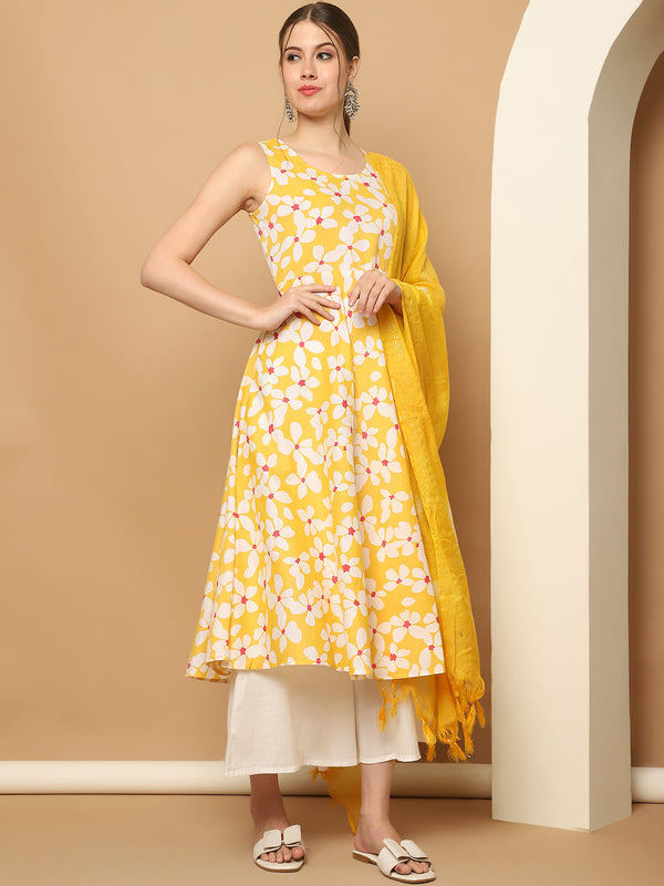 Printed yellow flowers flared kurta pallazos dupatta set