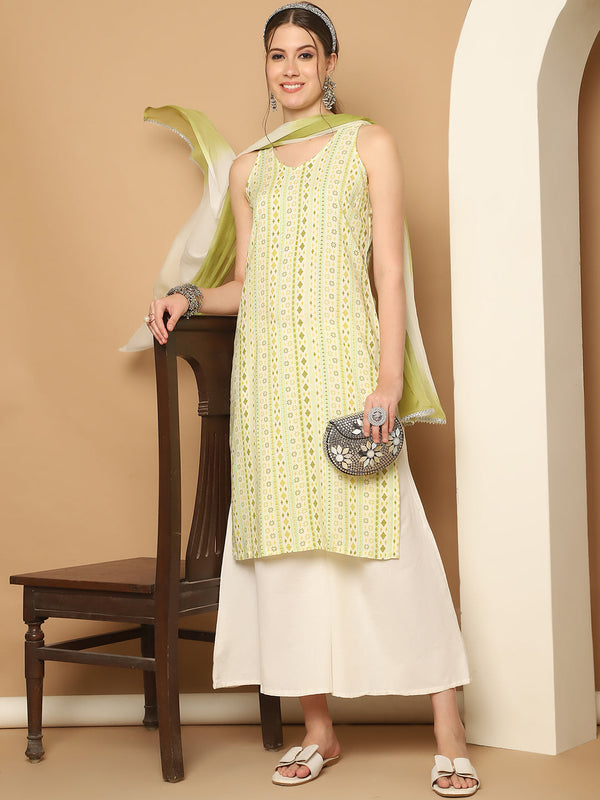 Printed Green Rayon Kurta with Palazzos & With Dupatta