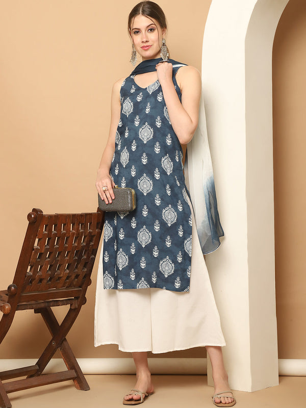 Printed Grey Rayon Kurta with Palazzos & With Dupatta