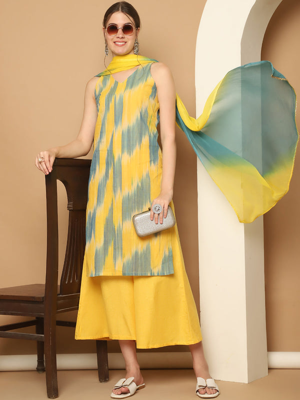 Woven Design Yellow Cotton Kurta with Palazzos & With Dupatta