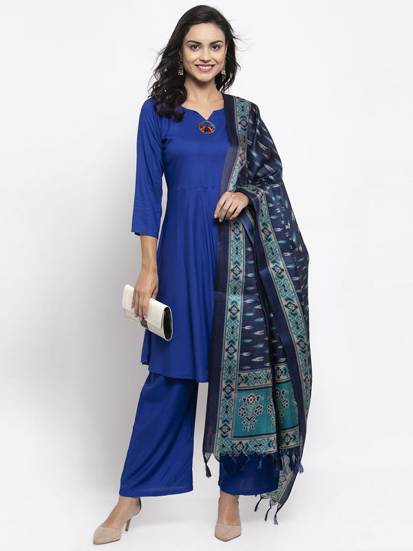 Jashvi Women Royal-Blue Solid Kurta with Palazzos & Blue Art-Silk Printed Dupatta