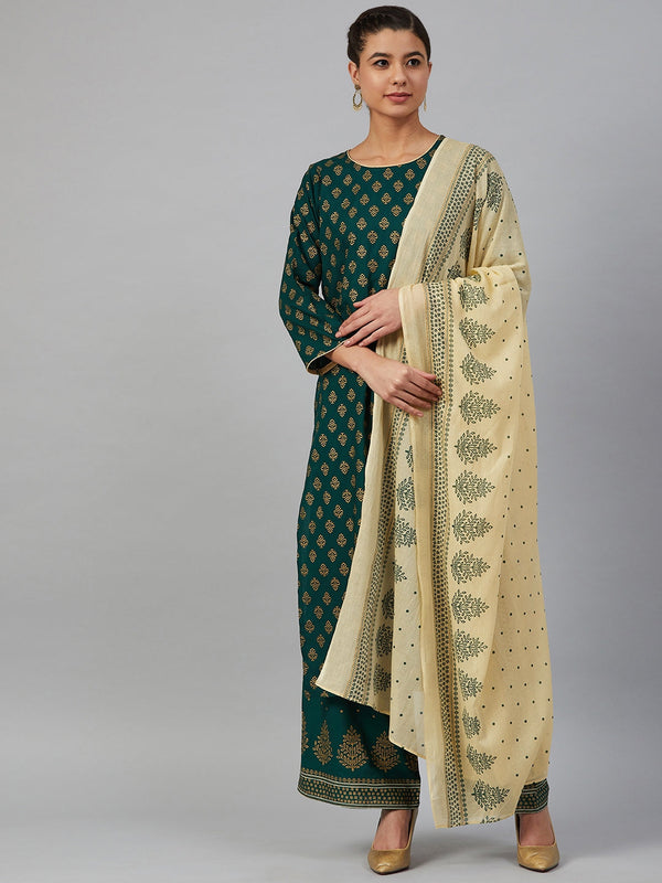 Jashvi Women Green & Golden Printed Kurta with Palazzos & Dupatta