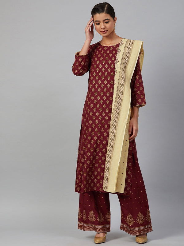 Jashvi Women Maroon & Golden Printed Kurta with Palazzos & Dupatta