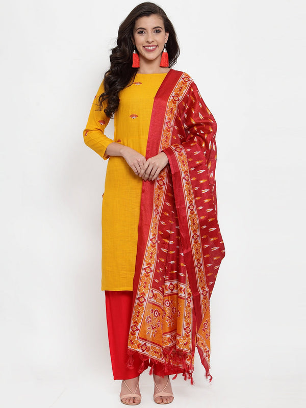 Women Mustard Yellow & Red Embroidered Kurta with Palazzos & Dupatta