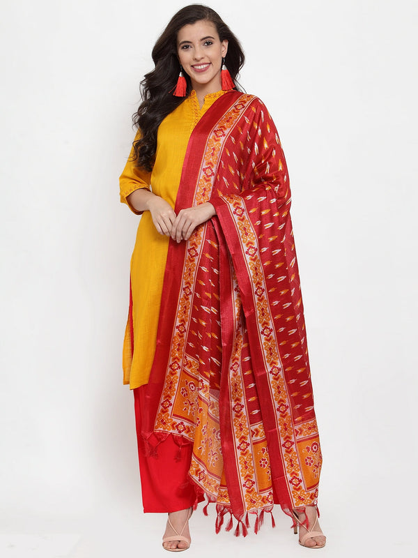 Women Mustard Yellow & Red Embroidered Kurta with Palazzos & Dupatta