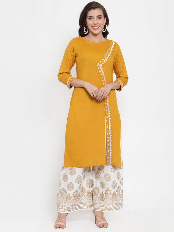 Women Mustard Yellow & Off-White Embroidered Kurta with Palazzos