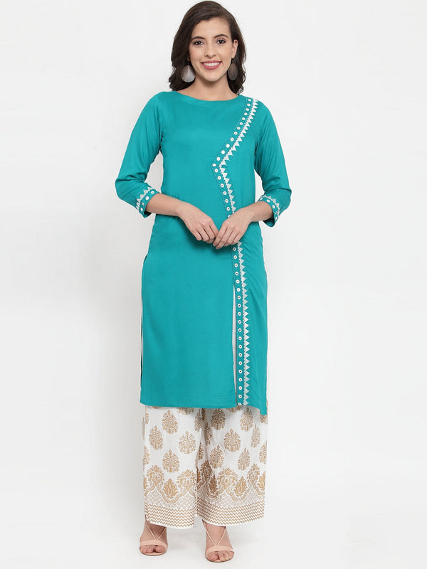 Women Rama Green & Off-White Embroidered Kurta with Palazzos