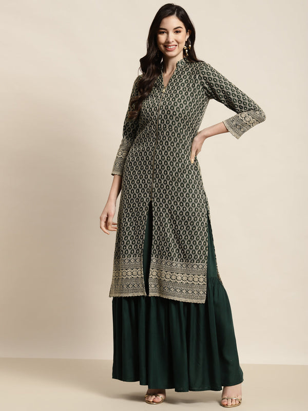 Green Embroidered Women Kurta with Sharara