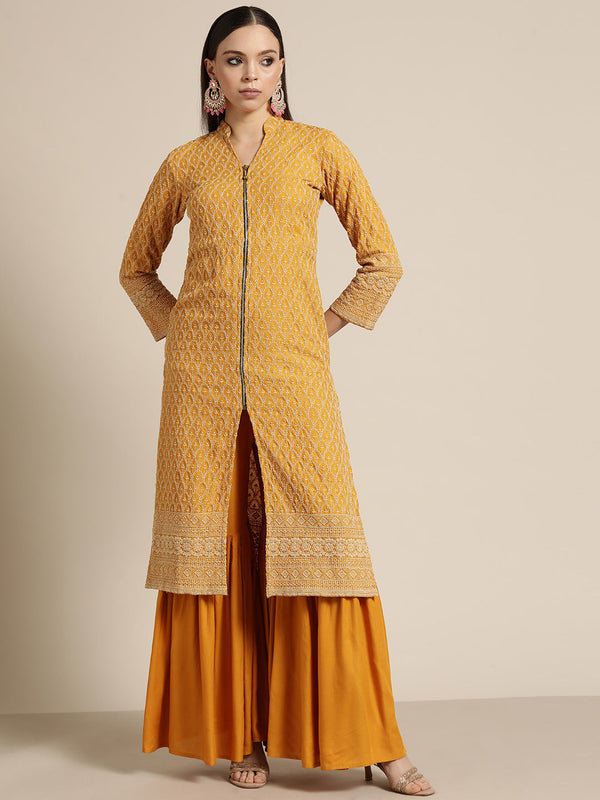 Mustard Embroidered Kurta with Sharara