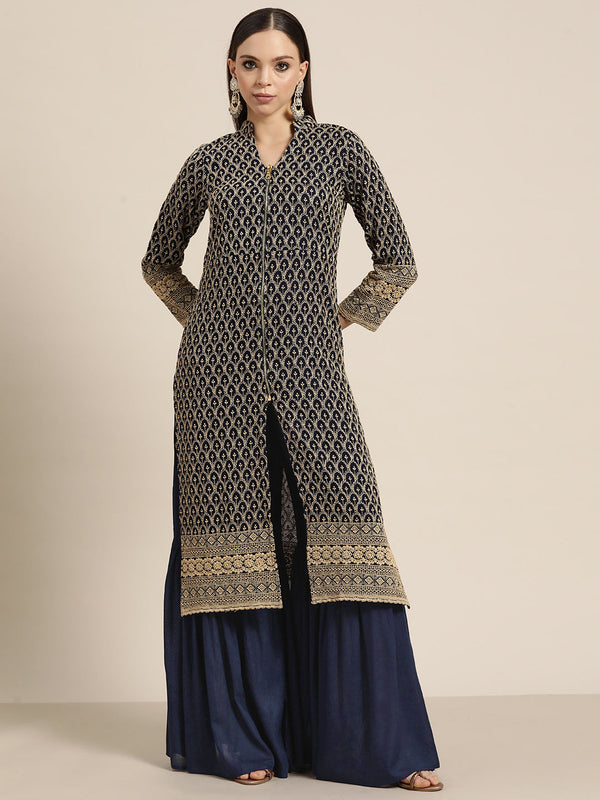 Navy Embroidered Kurta with Sharara