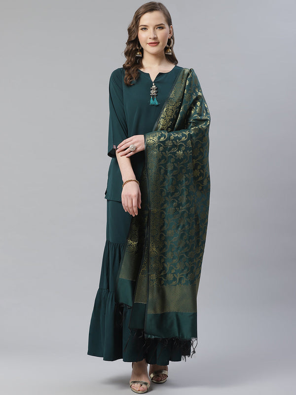 Jashvi Women Green & Golden Solid Kurti with Sharara & Woven Design Dupatta